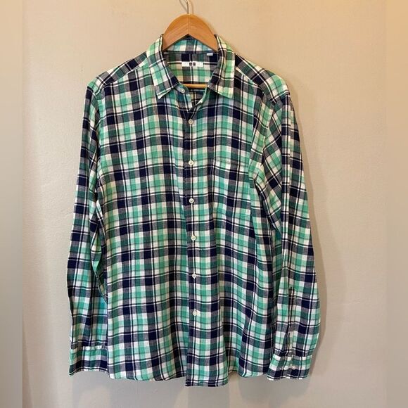 Uniqlo 100% Linen Green and Blue Plaid Men's Long Sleeves Button Down Shirt M - Picture 1 of 5